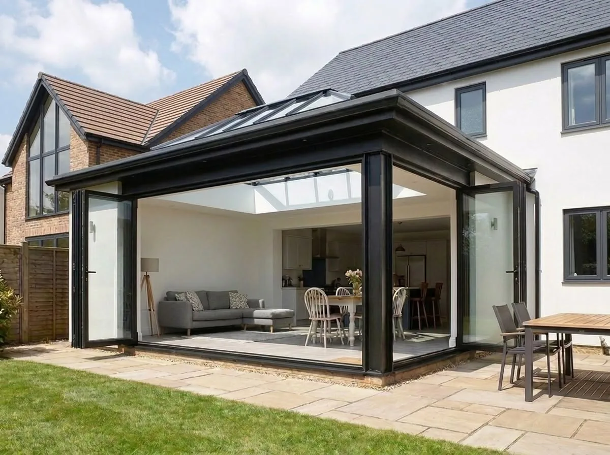 Completed EcoShell extension with lantern roof and full width bi-fold doors