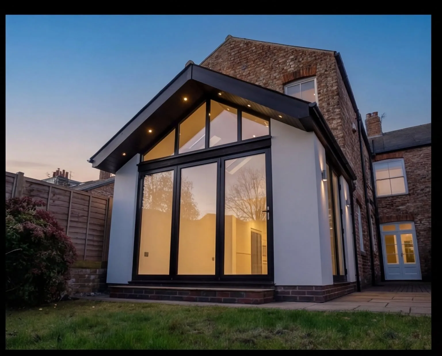 Completed gable end kitchen extension at dusk with the glazing lit from inside