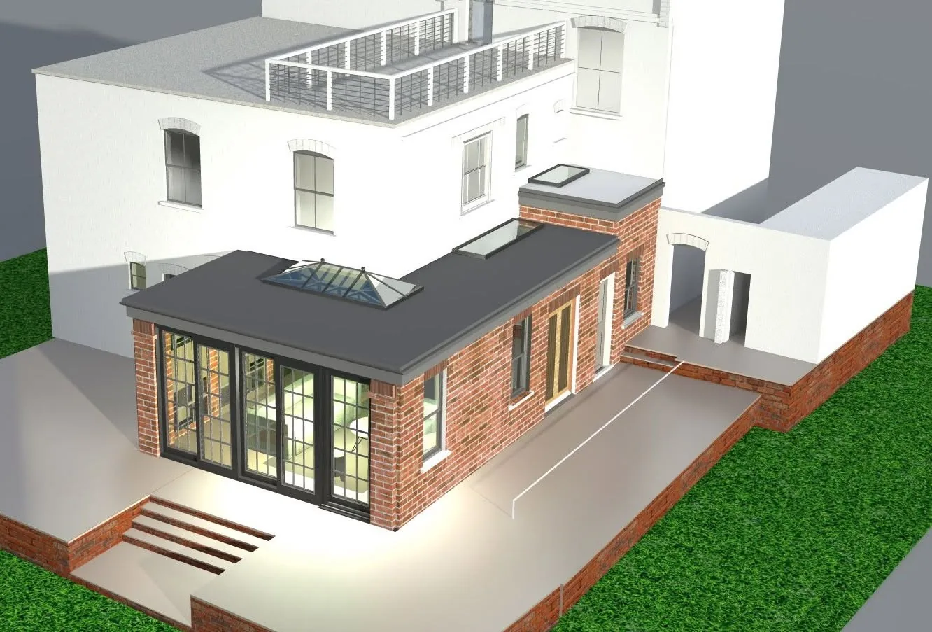 Three dimensional design visual of a proposed brick extension with a roof lantern