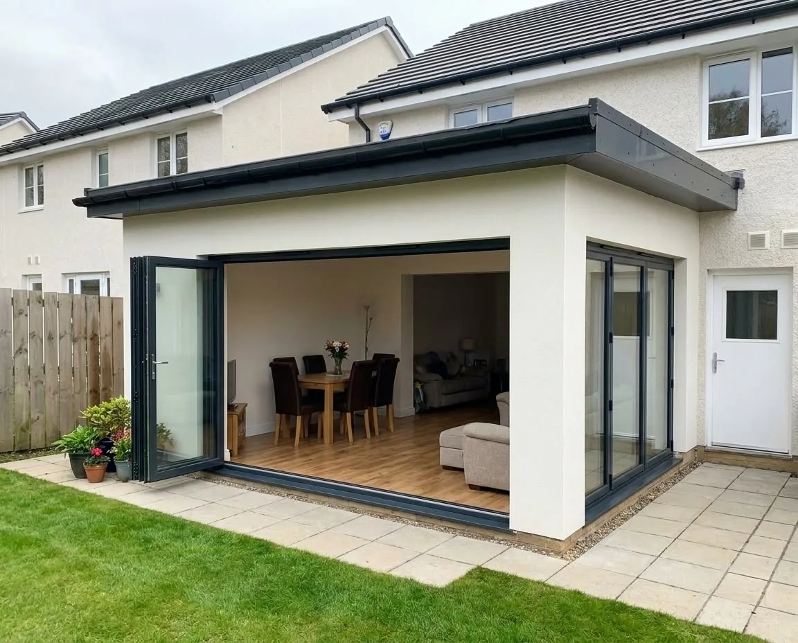 Rendered single storey extension with bi-fold doors