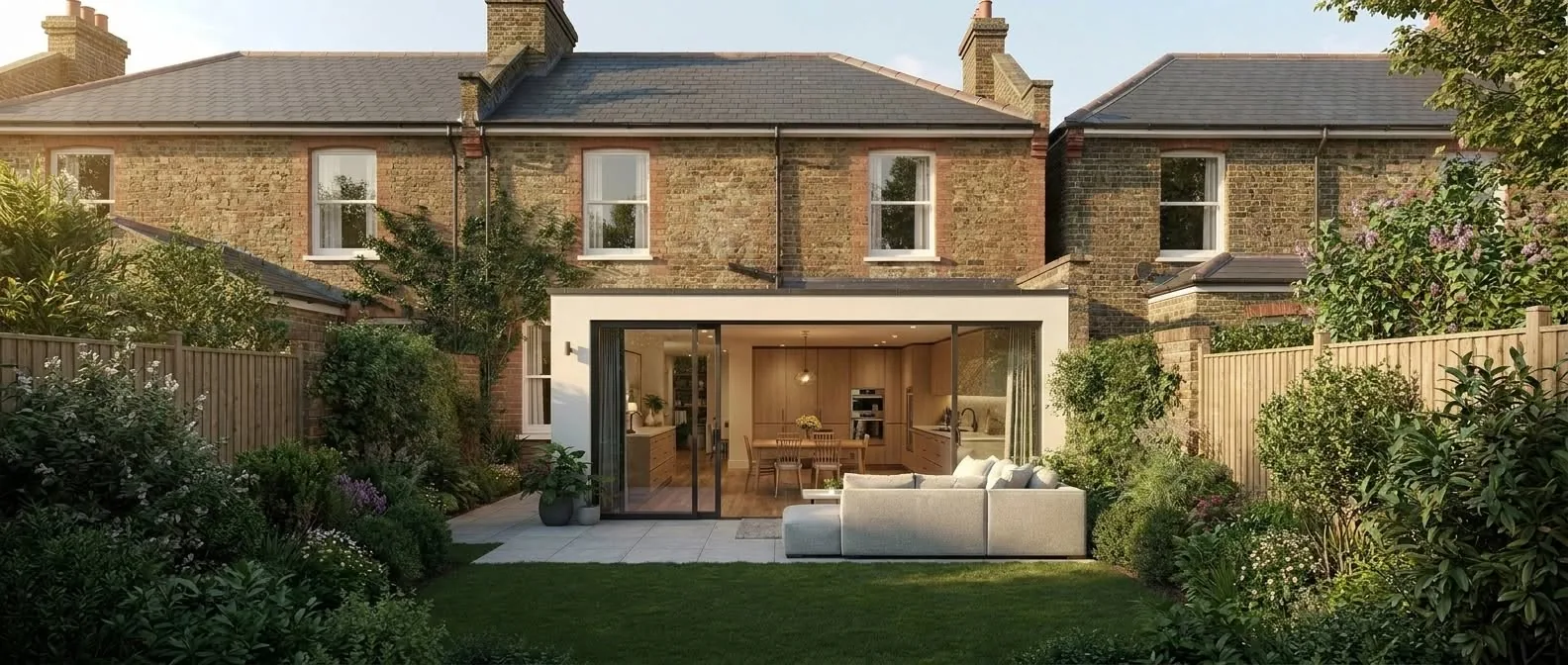 Rear elevation of a period property with a flat roof kitchen extension