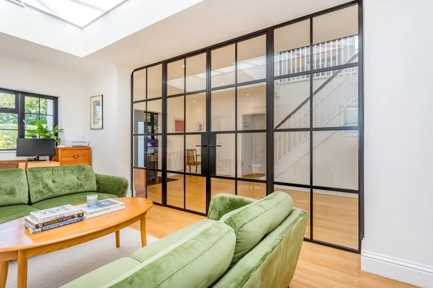 Crittall style internal glazing between the extension and hallway